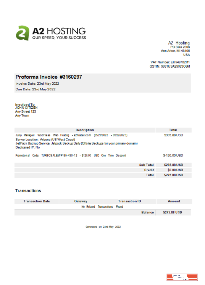 USA A2 Hosting invoice PSD template